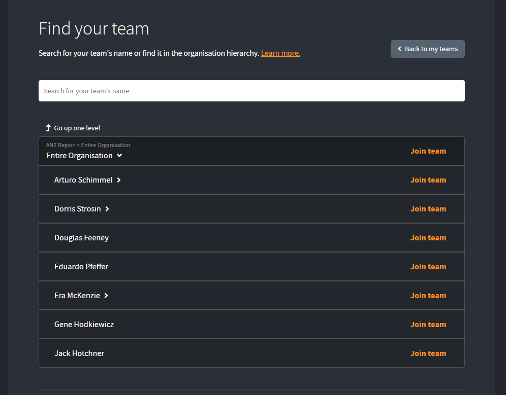 Screenshot of the team search screen