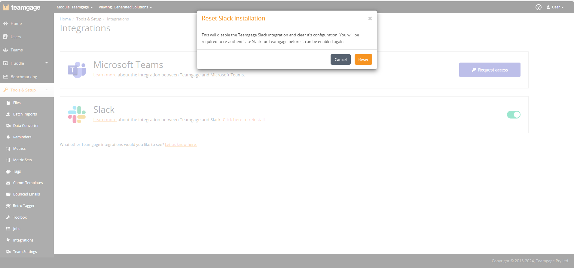 Reset Slack installation screenshot