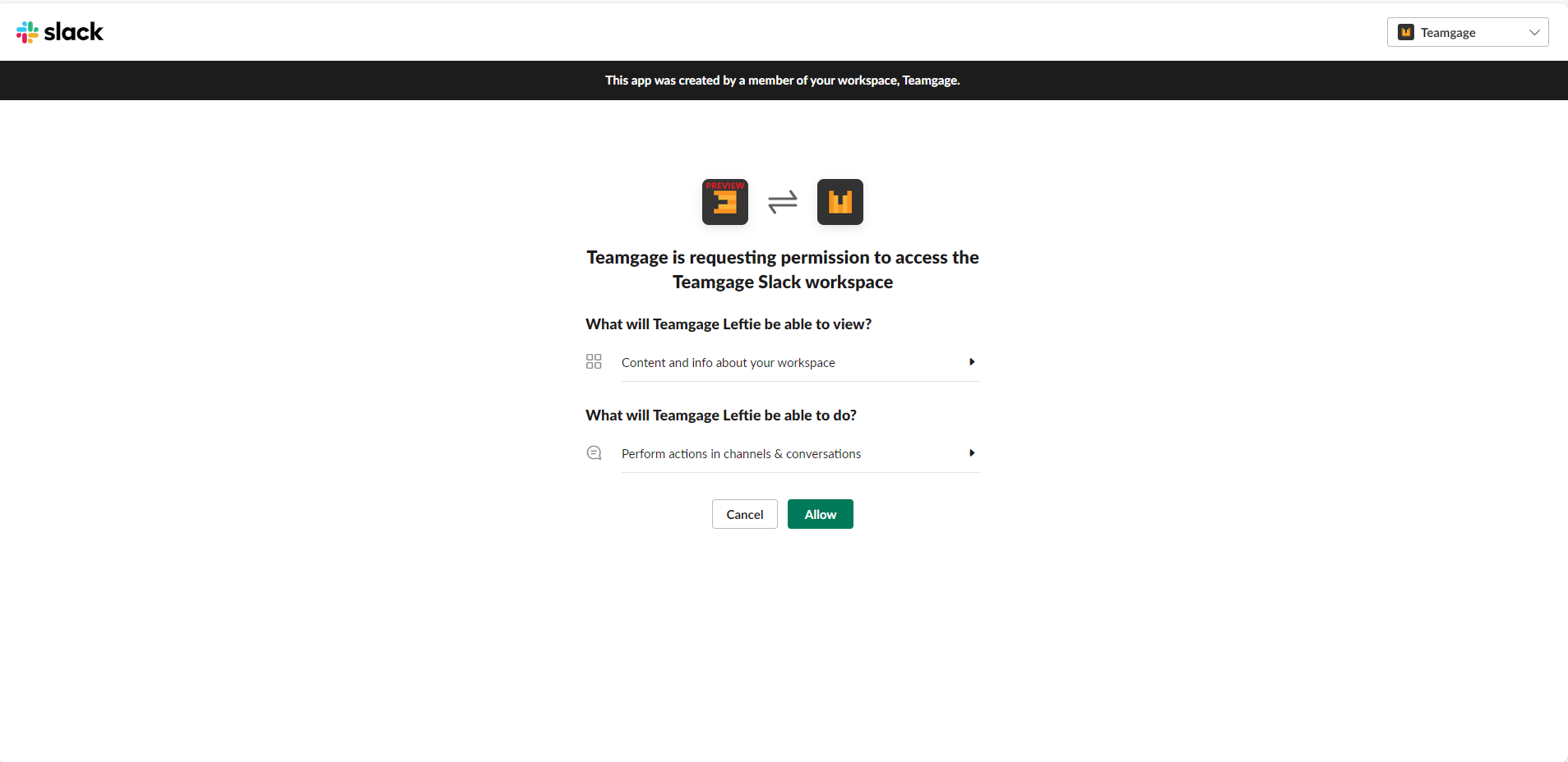 Screenshot of Slack, where access ie being requested for the Teamgage integration to be installed